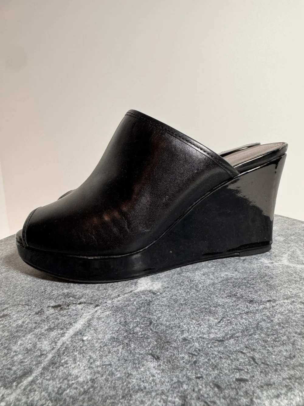 Vintage 90s Black Wedge Mules Heels 6